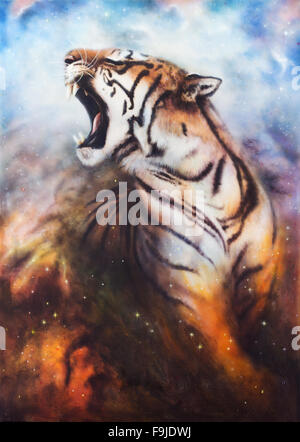 Eine schöne Airbrush-Lackierung von einem brüllenden Tiger auf einem abstrakten geophysikalischen Hintergrund Stockfoto