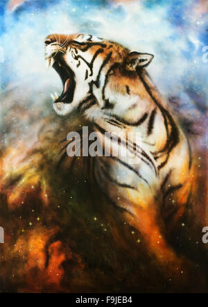 Eine schöne Airbrush-Lackierung von einem brüllenden Tiger auf einem abstrakten geophysikalischen Hintergrund Stockfoto