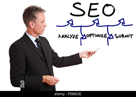 Senior Berater erklären, SEO mit einem einfachen Diagramm Stockfoto