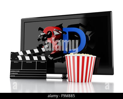 3D Renderer Abbildung. 3D TV led, Popcorn und Clapper Board. Kinematographie Konzept. Isolierten weißen Hintergrund Stockfoto