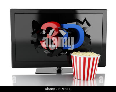 3D Renderer Abbildung. 3D TV geführt und Popcorn. Kinematographie Konzept. Isolierten weißen Hintergrund Stockfoto