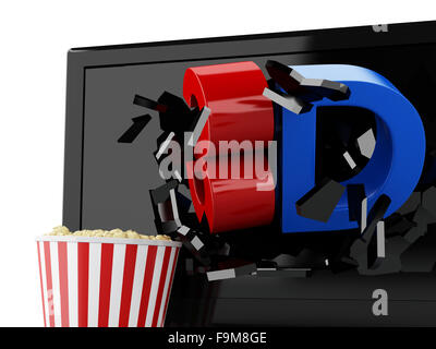 3D Renderer Abbildung. 3D TV geführt und Popcorn. Kinematographie Konzept. Isolierten weißen Hintergrund Stockfoto