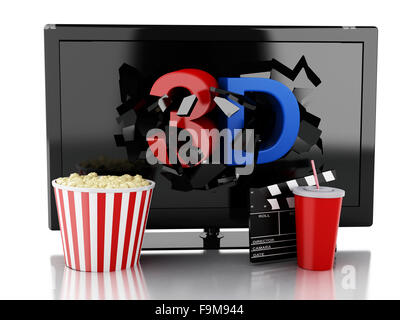 3D Renderer Abbildung. 3D TV led, Popcorn, Getränk und Clapper Board. Kinematographie Konzept. Isolierten weißen Hintergrund Stockfoto