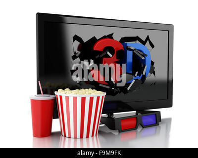 3D Renderer Abbildung. 3D TV led, Popcorn und Getränke. Kinematographie Konzept. Isolierten weißen Hintergrund Stockfoto