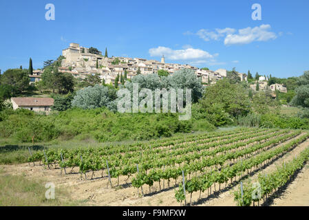 Weinberge unterhalb der Hilltop Village Ansouis im Luberon Regional Park Vaucluse Provence Frankreich Stockfoto