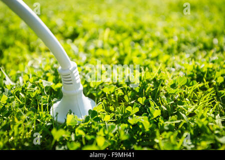 Netzstecker an die grüne Energiequelle angeschlossen Stockfoto