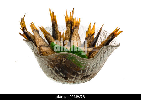 Dosen Sprotten mit Basilikum isoliert Stockfoto