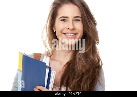 Glückliche Schüler isoliert auf weißem Hintergrund. Stockfoto