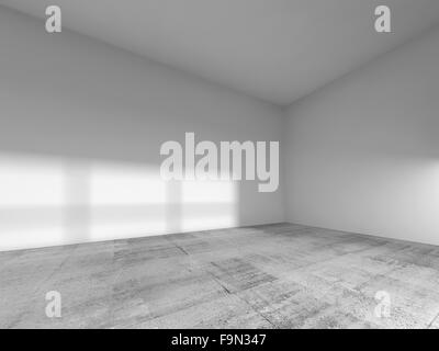 Abstrakte Innenausstattung von einem leeren Raum mit weiß gestrichenen Wänden und Decke; Betonboden. 3D Render-illustration Stockfoto
