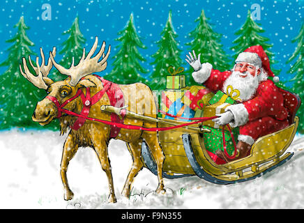 Santa, gezogen von einem Rentier Stockfoto