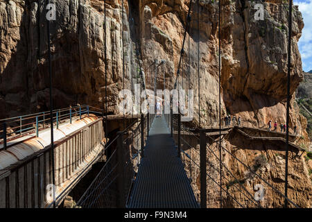 El Caminito del Rey Brücke auf Gehweg angeheftet an den steilen Wänden der eine enge Schlucht in El Chorro, in der Nähe von Málaga, Andalusien, Spanien Stockfoto