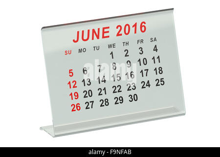 Kalender für Juni 2016 isoliert auf weißem Hintergrund Stockfoto