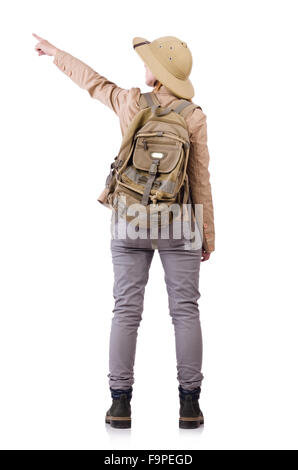 Frau mit Safari Hut auf weiß Stockfoto