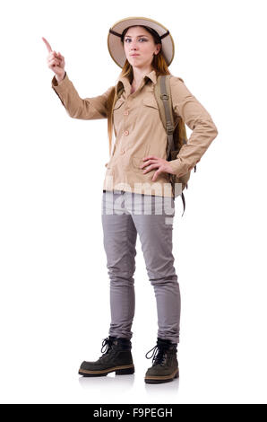Frau mit Safari Hut auf weiß Stockfoto