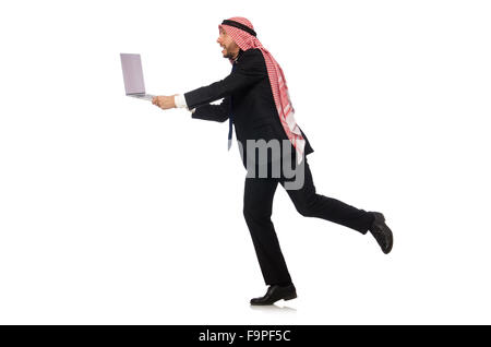 Arabische Geschäftsmann mit Computer auf weiß Stockfoto