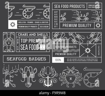Weiß auf schwarz Meeresfrüchte Etiketten und Abzeichen Vol. 4 für jeden Einsatz Stock Vektor