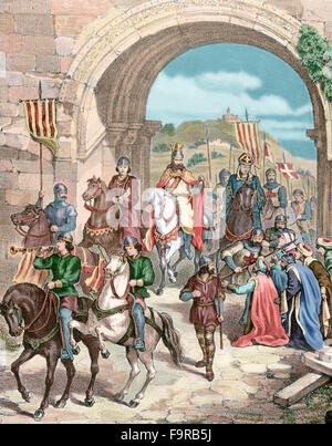 Der König James I The Conqueror (1208 – 1276), König von Aragon, Graf von Barcelona, König von Mallorca und Valencia, tritt bei Xativa (1244). Gravur in "Historia de España", 19. Jahrhundert. Farbige. Stockfoto