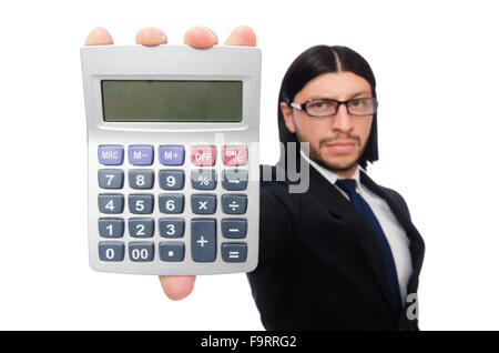 Mann mit Rechner isoliert auf weiss Stockfoto