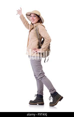 Frau mit Safari Hut auf weiß Stockfoto