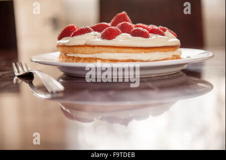 Nahaufnahme von einer hausgemachten frischen Erdbeer-Sahne-Torte Stockfoto