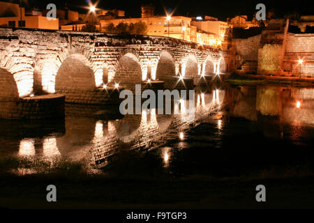 Römische Brücke und Alcazaba oder maurischen Festung in der Nacht, Merida, Spanien Stockfoto