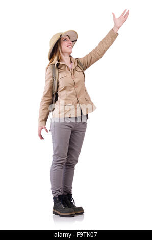 Frau mit Safari Hut auf weiß Stockfoto