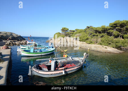 Traditionelle hölzerne Fischerboote Île du Grand Gaou Six-Fours-les-Plages in der Nähe von Sanary-sur-Mer Provence Frankreich Stockfoto