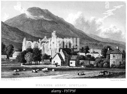 Eine Gravur der Melrose Abbey, Schottland mit hoher Auflösung aus einem Buch gescannt gedruckt im Jahre 1834. Kostenlos copyright geglaubt. Stockfoto