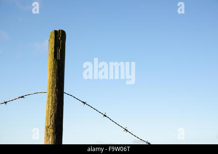 Zaunpfosten mit alten Stacheldraht am blauen Himmel Stockfoto