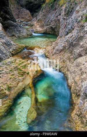 Wasserfall in den Fluss Almbach laufen durch die Almbachklamm-Schlucht in der Berchtesgadener Alpen, Bayern, Deutschland Stockfoto