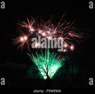 Schöne und bunte Feuerwerk am Nachthimmel. Stockfoto