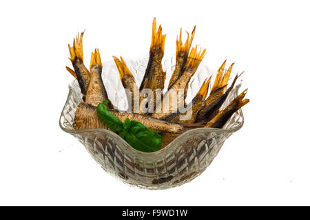 Dosen Sprotten mit Basilikum isoliert Stockfoto