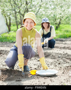 Zwei Frauen sät Samen im Boden im Garten Stockfoto