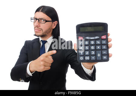 Mann mit Rechner isoliert auf weiss Stockfoto