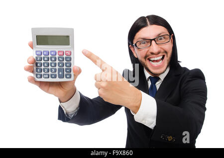 Mann mit Rechner isoliert auf weiss Stockfoto