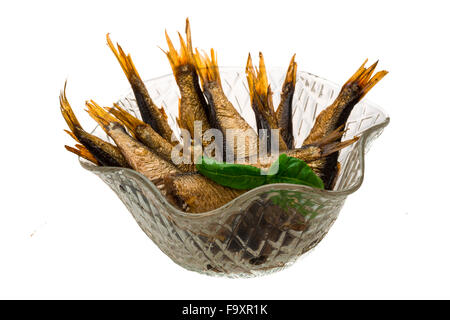 Dosen Sprotten mit Basilikum isoliert Stockfoto