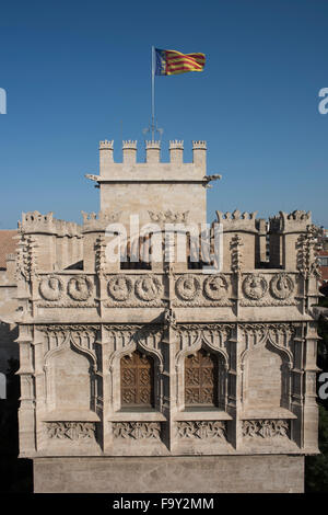 Blick auf La Lonja De La Seda aus Träger Dels Cordellats, Valencia, Spanien. Stockfoto