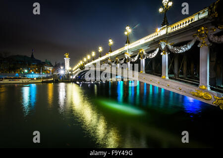 Pont Alexandre III und Seine in der Nacht in Paris, Frankreich. Stockfoto