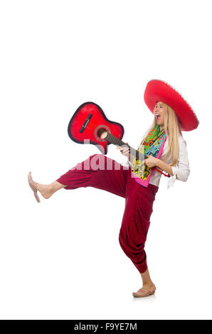 Frau mit Gitarre mit sombrero Stockfoto