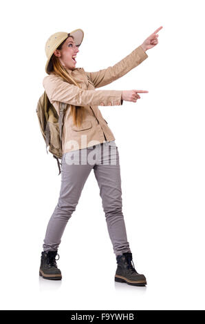 Frau mit Safari Hut auf weiß Stockfoto