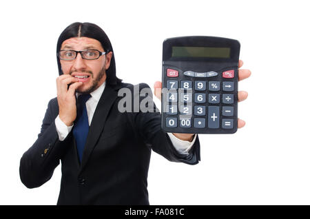 Mann mit Rechner isoliert auf weiss Stockfoto