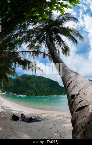 Palme vor einer Frau ruht auf der White Sand beach Stockfoto