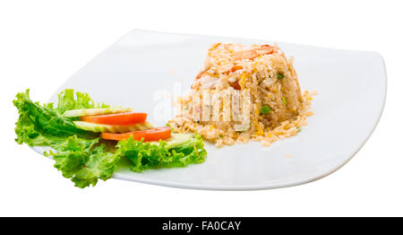 Garnelen mit gebratenem Reis und Salat Stockfoto