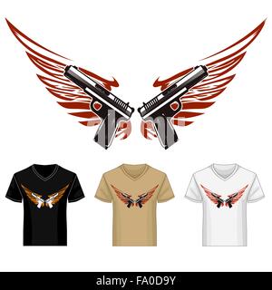Zwei Waffen Pistolen mit Wings t-Shirt-Vorlage. Abbildung im Tattoo-Stil. Stock Vektor