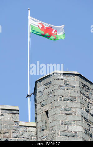 Walisische Flagge, den "roten Drachen", auf Schloss in Tywyn, ehemals Towyn, Cardigan Bay, Gwynedd, Wales Stockfoto