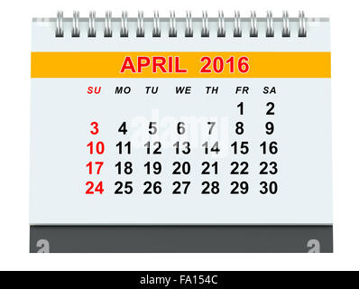 Kalender April 2016 isoliert auf weißem Hintergrund Stockfoto