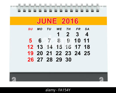 Kalender Juni 2016 isoliert auf weißem Hintergrund Stockfoto