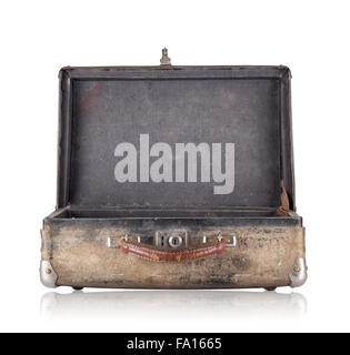 Offen Alter Koffer mit schwarzer Polsterung innen isoliert auf weißem Hintergrund Stockfoto