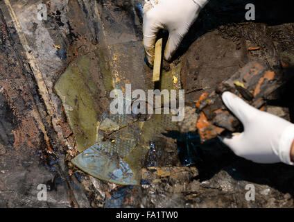 (151220)--NANCHANG, 20. Dezember 2015 (Xinhua)--Foto am 20. Dezember 2015 zeigt eine jade Scheibe von den wichtigsten Sarg auf dem Friedhof von Haihunhou (Marquis von Haihun), Osten Chinas Jiangxi Provinz ausgegraben. Der äußere Deckel der wichtigsten Sarg auf dem Haihunhou Friedhof wurde am Sonntag eröffnet. Laut Archäologen auf der Baustelle werden Reliquien im wichtigsten Sarg in der 2.000 Jahre alten Grab des Haihunhou wahrscheinlich die Insassen Identität zu offenbaren. Der Haihunhou-Friedhof in der Nähe von Nanchang, Hauptstadt der Osten Chinas Jiangxi Provinz, ist der vollständigste bekannten westlichen Han-Dynastie (206 v. Chr. - 24 n. Chr.) cem Stockfoto