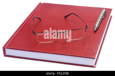 Kastanienbraun gefärbt Thesenpapier mit Brille und Stift Stockfoto